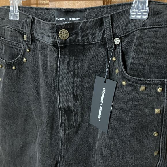 Homme Femme Baggy Jeans Men’s Sz 36 New Black Studded Denim 90s Y2 goth $215 - Picture 2 of 9